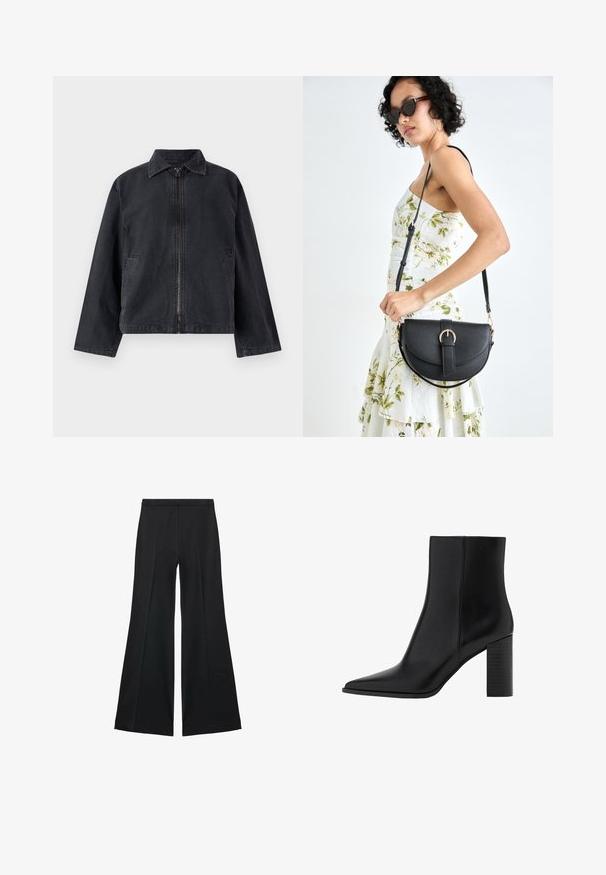 Schwarze Jeansjacke mit Reißverschluss vorne, spitzem Kragen, langen Ärmeln und seitlichen Taschen; hat eine lockere Passform und eine subtile Textur.; Brauner, hochgeschlossener Badeanzug mit dünnen, verstellbaren Trägern; zeichnet sich durch einen hohen Beinschnitt und eine glatte Textur aus. Keine Muster oder Verzierungen.; Schwarze weit geschnittene Hose mit glatter Textur, ausgestattet mit Frontfalten und einem taillierten Design. Der Stoff ist leicht und fließend.; Schwarze Leder-Ankle Boots mit spitzem Zehenbereich, quadratischem Absatz, glatter Textur und Nähten entlang der Nähte. Die Absätze messen ungefähr 8,9 cm.; Schwarze Lederhandtasche mit geschwungener Form, abnehmbarem Tragegurt und goldenen Beschlägen. Die Tasche verfügt über einen Deckel mit einer Schnallen-Details.