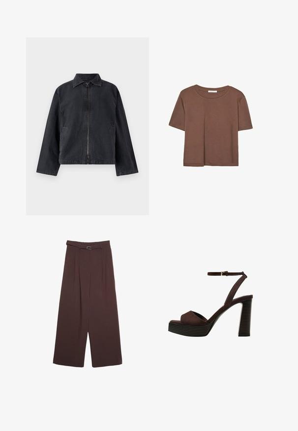 Črna denim jakna z zadrgo spredaj, poudarjenim ovratnikom, dolgimi rokavi in stranskimi žepi; ima sproščen kroj in subtilno teksturo.; Rjava kratka majica s kratkimi rokavi iz mehkega materiala, s krožnim izrezom in ohlapnim krojem. Brez vidnih vzorcev ali dodatkov.; Stradivarius WIDE-LEG WITH BUCKLE DETAIL - Hlače - dark brown; Rjave semiš sandale z visoko peto, odprto spredaj, z nastavljivim gležnjenjem in črtastim podplatom.