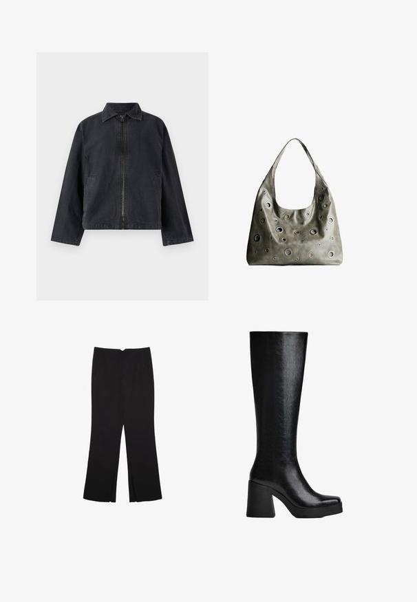 Sort denimjakke med lynlås foran, spidse krave, lange ærmer og sidelommer; har en afslappet pasform og subtil struktur.; Sort langærmet cropped top med rund halsudskæring, ensfarvet design og let buet kant.; Sorte bukser med lige pasform, der har frontlommer og slidser i kanten. Lavet af blødt, glat stof. Velegnet til forskellige anledninger.; Sort knæhøj støvle lavet af struktureret syntetisk materiale, med firkantet tå, chunky høj hæl og glat, elegant overflade.; Oliven grøn læderhåndtaske med et slouchy design, der har forskellige størrelser af cirkulære udskæringer og accenter i mørkere og lysere nuancer.