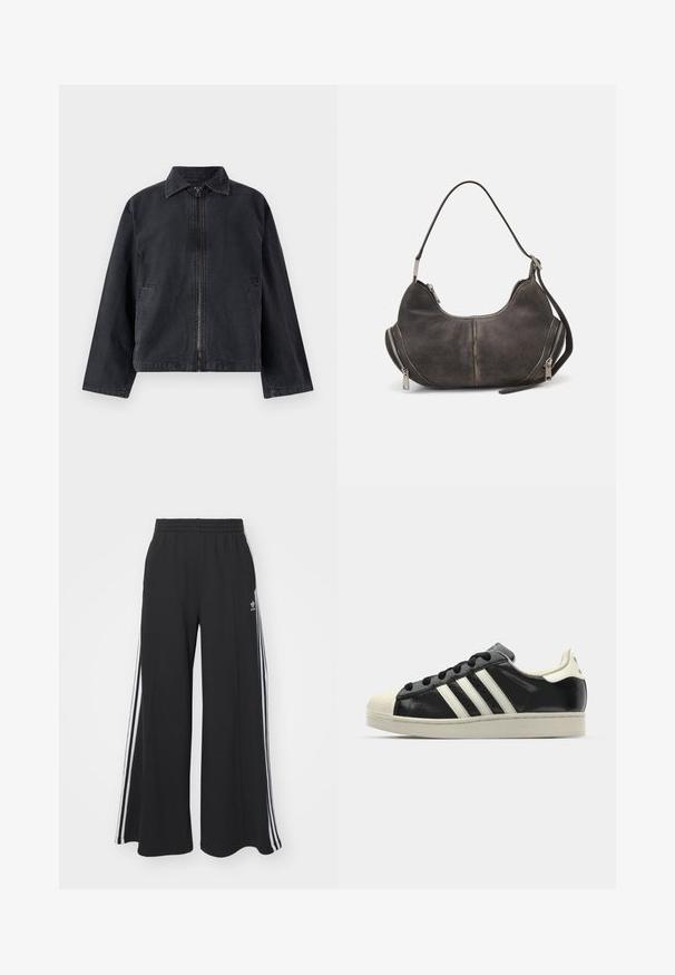 Black denim jacket with a zip front, pointed collar, long sleeves, and side pockets; features a relaxed fit and subtle texture.; Black ribbed cropped top with a round neckline and sleeveless design. Made from a stretchy, textured fabric. Label reads "Urban Classics."; Black wide-leg sweatpants with an elastic waistband, featuring white side stripes and an embroidered logo on the left thigh.; Black leather sneaker with white stripes, rubber toe cap, black laces, and a cream-colored outsole. Smooth texture with shiny finish.; Hobo bag in dark gray suede with curved shape, top handle, and side zippers with metal pulls. Smooth texture and visible stitching details.