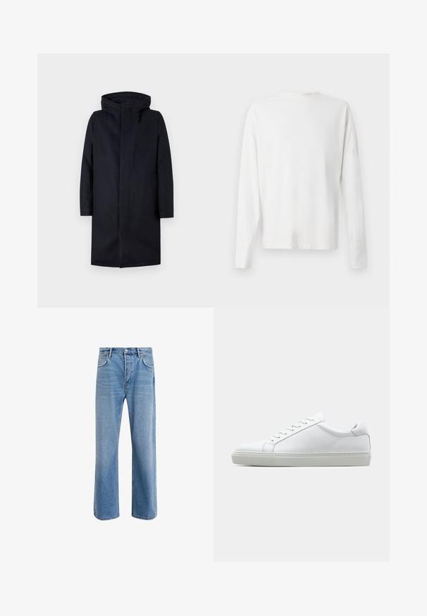 Casaco de inverno longo e preto com capuz, fecho frontal escondido, mangas longas e bolsos laterais em fundo claro.; Camisa de algodão branca de mangas longas com decote redondo, fendas laterais na parte inferior e uma textura suave, mostrada de trás.; Calças de ganga azul claro com um design de perna reta, cinco bolsos, fecho de botão, desgaste mínimo e detalhes de costura em contraste.; Sapatilha branca com um cabedal em couro liso e de perfil baixo. Apresenta um bico redondo, seis ilhoses e uma sola de borracha texturizada.