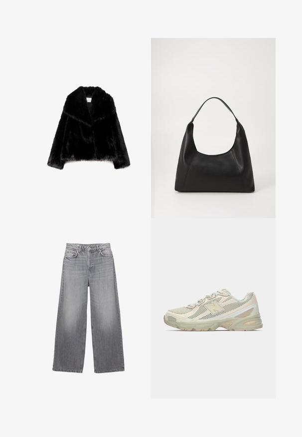 Czarna kurtka z sztucznego futra z szerokim kołnierzem, krótkim krojem, miękką fakturą i ukrytym zapięciem z przodu.; Szary dzianinowy sweter typu crewneck z długimi rękawami oraz ribbowymi mankietami i dołem, ułożony na płasko na białym tle.; Szare dżinsy o szerokich nogawkach z wysokim stanem, pięcioma kieszeniami, wyblakłym wykończeniem i kontrastowym przeszyciem. Posiadają zapięcie na guziki i szlufki na pasek.; Lekki obuwie sportowe z siateczkowym wierzchem w odcieniach beżu i kremu, z wyraźnym logo "N", amortyzującą podeszwą oraz teksturowanymi akcentami.; Czarna skórzana torebka na ramię z uchwytem, o gładkiej fakturze i minimalistycznym designie. Posiada kanciaste boki oraz szerokie wejście.