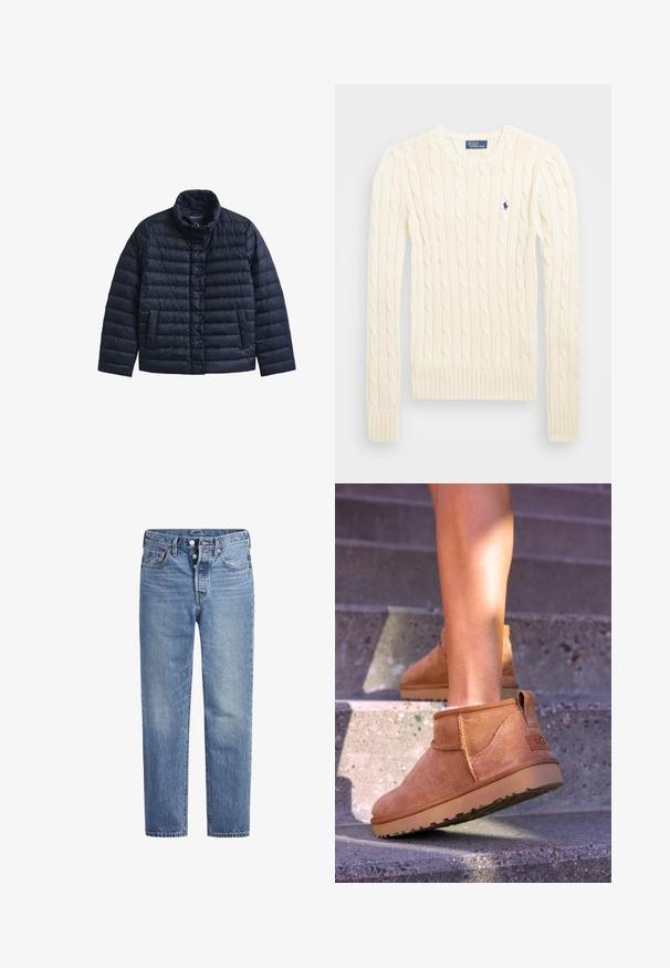 Marineblå quiltet pufferjakke med opretstående krave, frontlukning med trykknapper og sidelommer, lavet af et letvægtsmateriale.; Cremefarvet kabelstrikket sweater med lange ærmer, ribbede manchetter og kant, med et lille broderet logo på venstre bryst.; Lyseblå denimjeans med lige pasform, fem-lomme-design og knaplukning. Har subtile falmede detaljer og orange søm.; Tan ruskind ankelstøvler med en blød tekstur, stikninger og en gummisål, der har en løkkehælkappe for nem på- og aftagning.