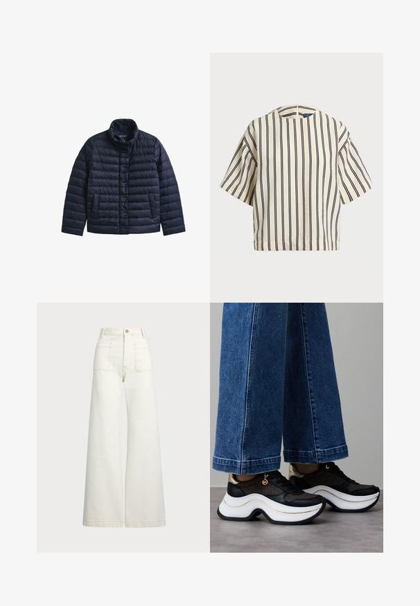 Navy blue quilted puffer jacket with a standing collar, front snap closure, and side pockets, made from a lightweight material.; Short-sleeve, striped top in cream and navy, featuring a round neckline and boxy design with a textured fabric.; Wide-leg jeans in off-white denim. High-waisted design with a button closure, two front pockets, and contrast stitching details.; Black and gold sneakers with a curved white sole. Textured fabric with logo accents. Paired with wide blue denim pants.