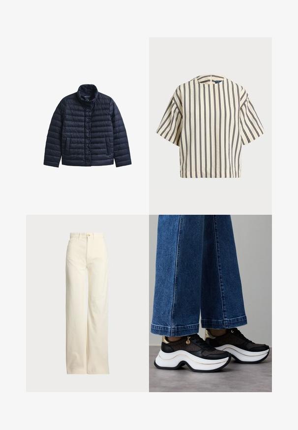 Tumesinist värvi tikitud vonkajakk seisev kraega, ees klõpskinnitusega ja küljetaskutega, valmistatud kerge materjalist.; Kreemjas ja tumesinises triibuline lühikeste varrukatega top, millel on ümmargune kaelus ja kastmine disain, valmistatud tekstuurses kangas.; Polo Ralph Lauren COTTON CORDUROY WIDE-LEG PANT - Püksid - warm white; Mustad ja kuldsed tossud kumerate valgete talladega. Tekstuurse kangaga, millel on logo aktsendid. Sobitatud laia siniste teksapükstega.