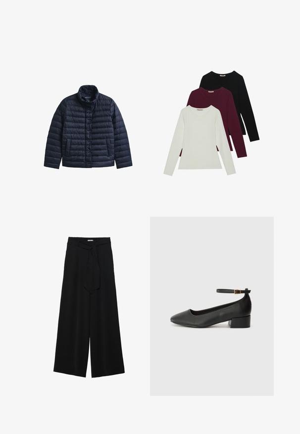 Giubbotto imbottito trapuntato blu navy con colletto alla coreana, chiusura frontale a bottoni automatici e tasche laterali, realizzato in materiale leggero.; T-shirt a maniche lunghe in bianco, bordeaux e nero. Realizzate in tessuto morbido con scollatura rotonda e design aderente. Adatte per essere indossate a strati.; Pantaloni neri a gamba larga caratterizzati da un tessuto testurizzato, una vita elastica e una cintura staccabile per una vestibilità regolabile.; Pump in pelle nera con punta affusolata e tacco basso a blocco. Presenta una cinghia alla caviglia con una fibbia in tonalità oro. Texture liscia.