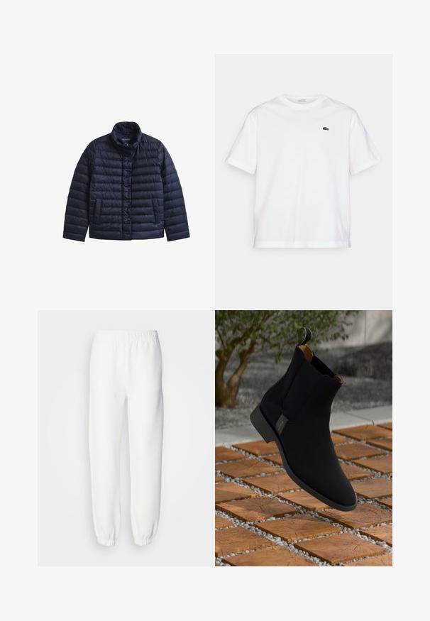 Casaco acolchoado azul marinho com gola alta, fecho frontal com botões de pressão e bolsos laterais, feito de um material leve.; T-shirt de algodão branco com decote redondo e mangas curtas. Apresenta um logotipo bordado verde no peito. Textura suave, ajuste relaxado.; Calças de fato de treino brancas feitas de um tecido malha suave. A cintura elástica e os punhos proporcionam um ajuste relaxado. Design minimalista, sem padrões ou acentos visíveis.; Botim de tornozelo em couro preto com um acabamento suave, forro amarelo e uma alça para puxar; colocado sobre uma superfície texturizada de madeira e cascalho.