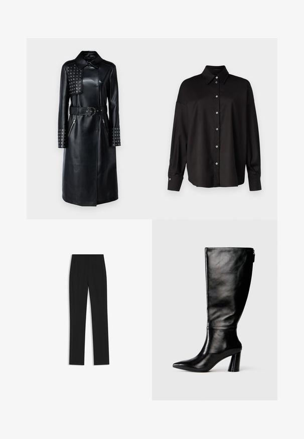 Black leather coat with a collar, studded panel on one shoulder, zippered pockets, and a matching belt with a unique buckle.; DRYKORN LYSILA - Button-down blouse - black; Black tailored trousers with a straight-leg design, featuring front pockets and a smooth, textured fabric. Neat, minimal detailing.; Knee-high black leather boot with a pointed toe, smooth texture, and a chunky heel. Features a zipper detail at the back.
