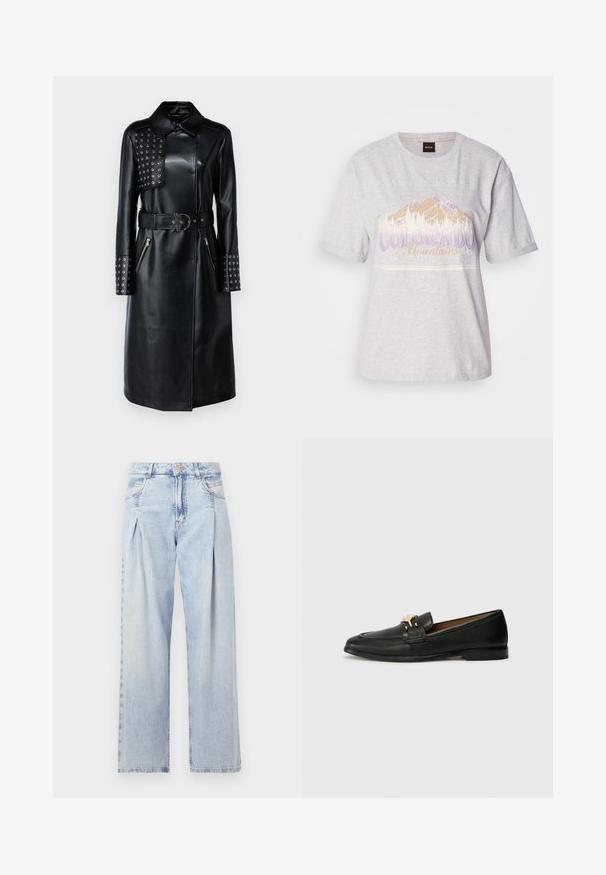 Cămașă de piele neagră cu guler, panou cu tinte pe un umăr, buzunare cu fermoar și o curea asortată cu o cataramă unică.; Tricou din bumbac gri deschis, cu mâneci scurte, având un grafic cu munte și text în nuanțe de violet și bej. Guler rotund, croială lejeră.; Jeans din denim albastru deschis cu talie înaltă, croială evazată, două buzunare laterale și un design pliat. Textură moale cu un finisaj decolorat.; Pantofi loafers din piele neagră cu o cataramă aurie, vârf rotund, detalii cusute și talpă plată pentru o purtare ușoară.