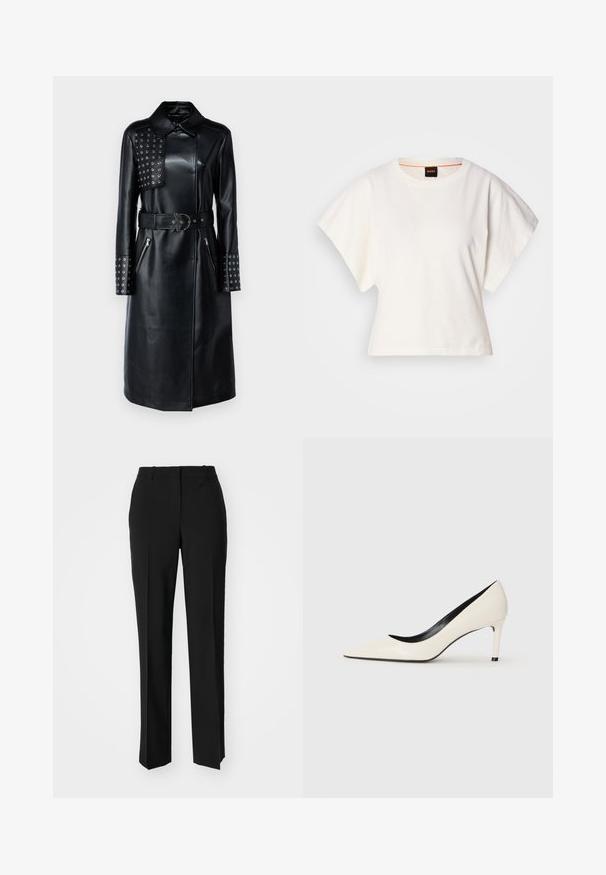 Casaco de couro preto com colarinho, painel de tachas em um ombro, bolsos com zíper e um cinto combinado com uma fivela única.; T-shirt branco cropped, mangas curtas e largas, material de algodão suave, decote redondo com um discreto acabamento laranja, design minimalista, sem padrões ou gráficos.; Calças pretas de corte ajustado com um design de perna reta, apresentando uma textura lisa e pregas bem definidas na frente. Sem hardware visível.; Sapatilha alta em couro sintético branco com bico fino, salto esbelto e detalhes interiores em preto. Textura suave e design elegante.
