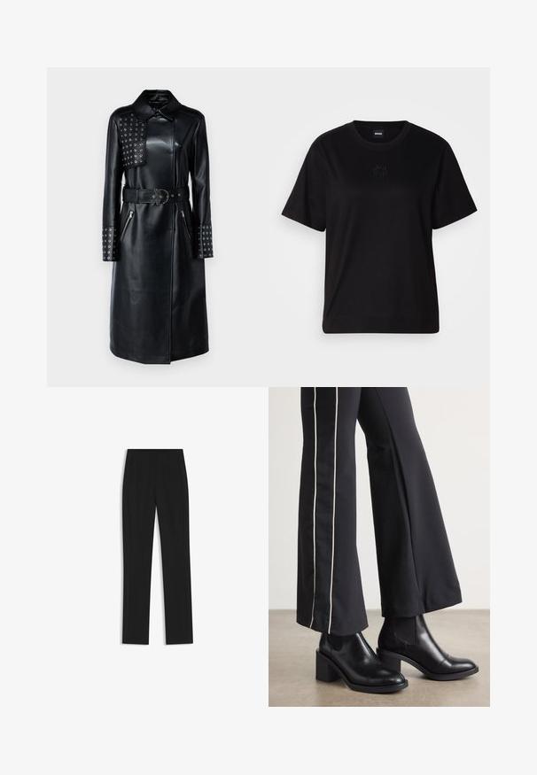 Cappotto in pelle nera con colletto, pannello borchiato su una spalla, tasche con zip e una cintura coordinata con una fibbia unica.; Maglietta in cotone nera con scollatura tonda, maniche corte e logo ricamato sul petto. Design semplice e vestibilità rilassata senza motivi.; Pantaloni neri su misura con un design a gamba dritta, dotati di tasche frontali e un tessuto liscio e strutturato. Dettagli ordinati e minimalisti.; Stivaletti in pelle nera con tacco a blocco, dotati di pannelli elastici sui lati. Abbinati a pantaloni neri con una striscia bianca laterale.