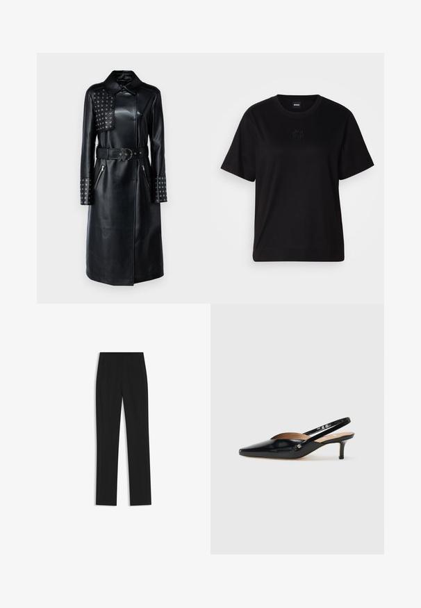 Czarny skórzany płaszcz z kołnierzem, ćwiekowany panel na jednym ramieniu, kieszenie na zamek oraz pasujący pasek z unikalną klamrą.; Czarny bawełniany t-shirt z okrągłym dekoltem, krótkimi rękawami i haftowanym logo na piersi. Prosty, luźny krój bez wzorów.; Czarne spodnie o dopasowanym kroju z prostymi nogawkami, z przednimi kieszeniami i gładką, teksturowaną tkaniną. Schludne, minimalistyczne wykończenie.; Czarne lakierowane szpilki slingback o spiczastym nosku, z małym obcasem i wycięciem na wierzchu. Złote akcenty na boku.