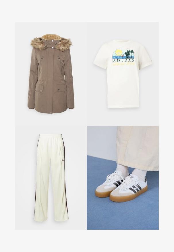Vero Moda Tall VMBONUS JACKET TALL - Parca - bungee; T-shirt de algodão branco com um design gráfico apresentando um sol, palmeiras e água. "ADIDAS Sports Club" impresso em verde e amarelo.; Calças de moletom de cor creme com um ajuste descontraído, apresentando riscas laterais castanhas-escuras e um logótipo bordado na coxa esquerda.; Ténis brancos com riscas pretas e detalhes em camurça bege. Apresentam uma sola de borracha texturizada e atacadores brancos lisos, usados com meias de tom claro.
