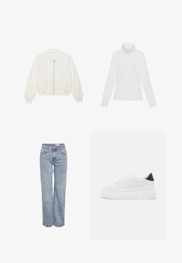 Weißes, gestepptes Bomberjacke mit Reißverschluss, Rippbündchen und -saum sowie zwei Seitentaschen. Weiches Material mit strukturierter Oberfläche.; Weißes Langarm-Turtleneck-Oberteil aus glattem, elastischem Stoff. Mit hohem Kragen und tailliertem Schnitt, ohne sichtbare Muster oder Verzierungen.; Hellblau weite Jeans aus Denim, mit hoher Taille, fünf Taschen-Design und subtilen Ausbleichungen für einen eingesessenen Look.; Weiße Plateausneaker aus glattem Kunstmaterial, mit runder Zehenform, Schnürdesign und einer strukturierten Gummisohle. Schwarzer Fersenakzent.