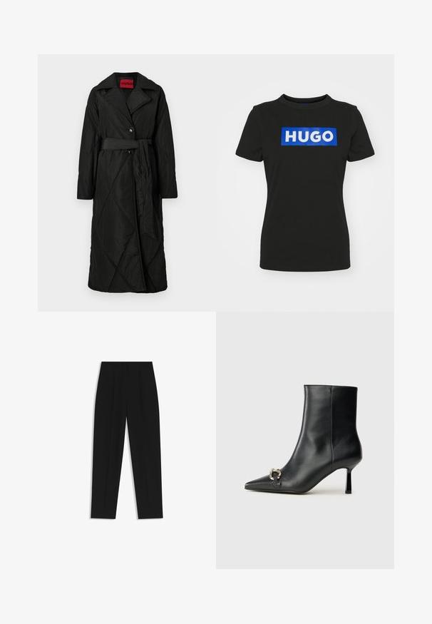 Cappotto lungo nero trapuntato con ampio colletto, due bottoni e cintura coordinata legata in vita, etichettato HUGO all'interno del colletto.; T-shirt nera a maniche corte in cotone, con una grande grafica rettangolare blu che riporta la parola "HUGO" in lettere bianche in grassetto.; Pantaloni neri a taglio dritto, con doppie pieghe, una texture liscia e un design classico in vita. Nessun hardware o dettaglio visibile.; Stivale alla caviglia in pelle nera con punta affusolata, tacco sottile di media altezza e dettaglio in fibbia argentata sul lato, su sfondo semplice.