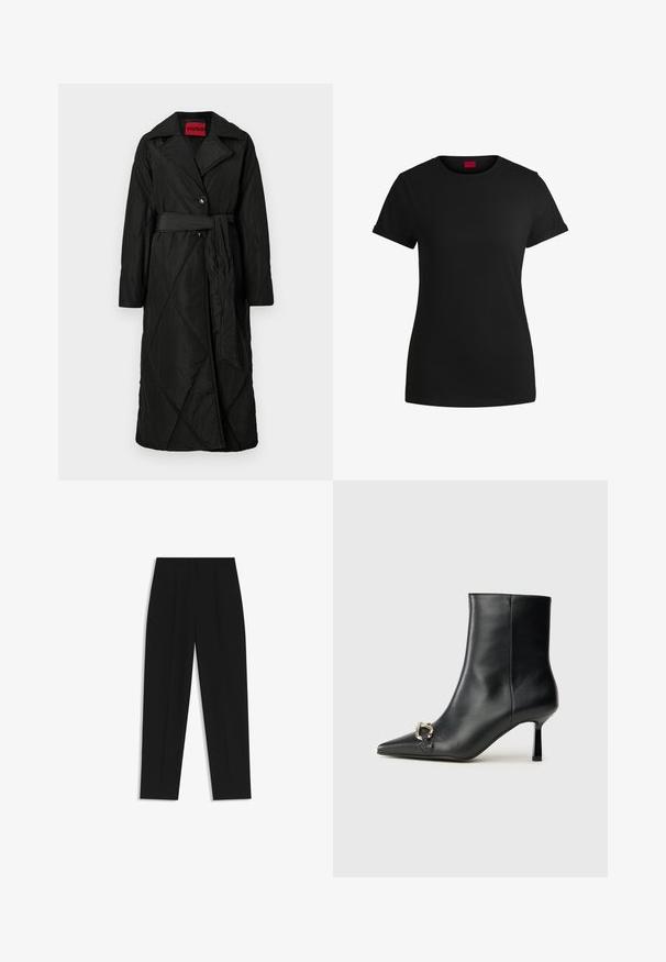 Langer schwarzer gesteppter Mantel mit weiter Kragen, zwei Knöpfen und passendem Gürtel, der in der Taille gebunden ist, mit dem Etikett HUGO im Kragen.; Schwarzes Baumwoll-T-Shirt mit kurzen, aufgerollten Ärmeln, rundem Halsausschnitt und rotem Etikett. Glatte Textur, taillierte Form mit minimalen Details.; Schwarze Hose mit geradem Schnitt, doppelten Falten, einer glatten Textur und einem klassischen Bunddesign. Keine sichtbaren Beschläge oder Akzente.; Schwarze Leder-Stiefelette mit spitzer Zehe, schlankem, mittelhohem Absatz und silberner Schnalle seitlich vor einem schlichten Hintergrund.