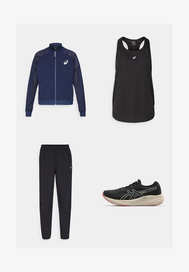 Navy blue jacket with a zippered front, mesh side panels, and a high collar. Features a white logo on the left chest and elastic cuffs.; Black athletic tank top made of lightweight fabric. Features a round neckline, racerback design, and a small white logo on the front.; Black sports pants featuring an elastic waistband, tapered legs with cuffs, made of a lightweight, smooth material, and a small logo on the thigh.; Black running shoe with a mesh upper and white accents. Features a cushioned midsole and red outsole detail. Lightweight design.