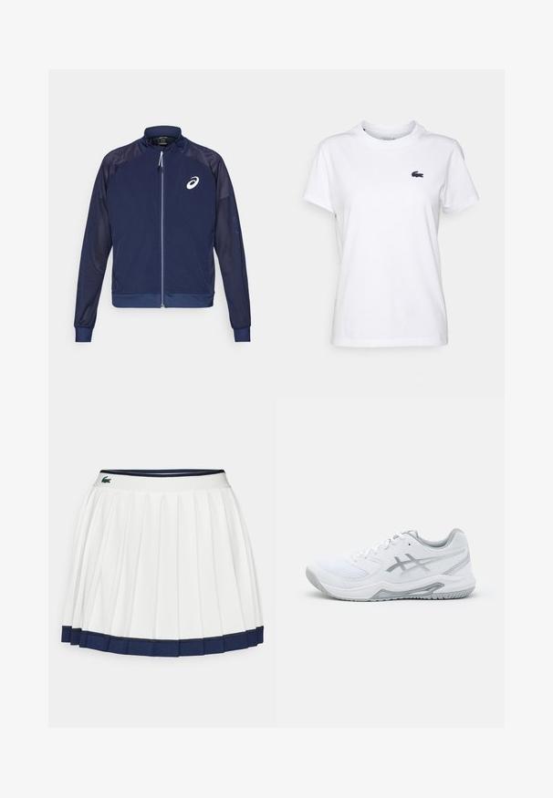 Mornarsko plava jakna s patentnim zatvaračem sprijeda, mrežastim bočnim panelima i visokim ovratnikom. Ima bijeli logotip na lijevoj strani prsiju i elastične manžete.; Bijela pamučna majica s okruglim izrezom, kratkim rukavima i malim mornarsko plavim logotipom na lijevom prsnom dijelu. Glatka tekstura, ležeran dizajn.; Bijela plisirana suknja s tamnoplavim pojasom i rubom. Ima meku tkaninu s horizontalnim prugama na pojasu, dizajnirana za udobnost.; Bijela atletska cipela s mrežastim i sintetičkim materijalima, sivo akcentirana i vezana čipkom, teksturirana potplat, zakrivljeni dizajn i detalj loga.