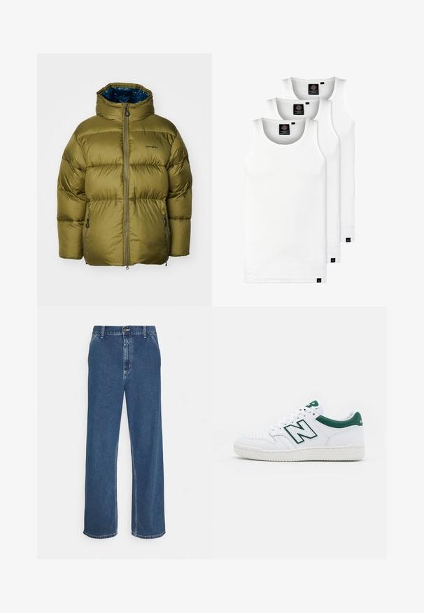 Alyvuogių žalios spalvos pūkinė striukė su aukštu apykakle, užtrauktuko priekyje ir dviem šoninėmis kišenėmis. Yra lygus paviršius ir siuvinėjimo dizainas.; Trys balti, dryžuoti marškiniai be rankovių, pagaminti iš medvilnės. Yra apvalus kaklas ir maži juodi etiketės netoli siūlės. Siūlomi įvairių dydžių.; Mėlyni džinsai su tiesiu kirpimu, penkių kišenių dizainu, metaliniu sagatavu uždarymu ir matomomis siūlėmis palei siūles ir kraštus.; Balti sportiniai bateliai su žaliais akcentais, odinis viršus, perforuota kojų dalis, raištelių uždarymas ir tekstūruotas gumos padas. Savybėje yra ryškus "N" logotipas.