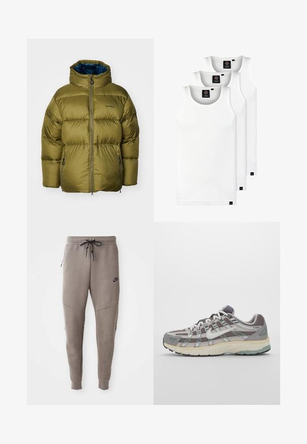 Olivovo zelená páperová bunda s vysokým golierom, zipsom na prednej strane a dvoma bočnými vreckami. Má hladký povrch a prešívaný dizajn.; Tri biele rebrované tielka vyrobené z bavlny. Majú okrúhly výstrih a malé čierne štítky pri leme. Dostupné v rôznych veľkostiach.; Sivé tepláky Nike s nastaviteľným pásom, zúženými nohavicami, bočnými vreckami a výrazným švom. Mäkká, textúrovaná látka.; Šedá športová obuv so zvrškom z nylonu a semišu, bielymi akcentmi, polstrovanou podrážkou a jedinečným dizajnom s reflexnými prvkami.