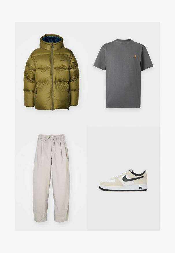 Olivno zelena puhasta jakna z visokim ovratnikom, z zadrgo spredaj in dvema stranskima žepoma. Ima gladko zunanjost in prešito zasnovo.; Siva majica s kratkimi rokavi iz bombaža; ima subtilen logo v oranžni in burgundski na prsih. Osnovna zasnova s krožnim vratom.; Bež hlače iz lahkega materiala z elastičnim pasom in vrvico. Imajo gube in ohlapen kroj, izdelane so iz mehkega, gladkega blaga.; Tenisice z svetlo bež semenom in belim usnjem, črnim Nike znak, črnimi detajli in belim gumijastim podplatom z oznako "AIR".