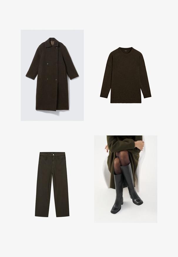 Dunkelgrüner Wollmantel mit doppelt geknöpftem Design, breitem Kragen, zwei Seitentaschen und großen schwarzen Knöpfen. Lange, gerade Ärmel.; Dunkelbrauner Strickpullover mit rundem Ausschnitt, langen Ärmeln und lässiger Passform. weiche Textur und minimalistisches Design. Keine sichtbaren Muster.; Dunkelgrüne Jeans im weit geschnittenen Style, hergestellt aus einem Baumwollgemisch. Sie verfügen über einen Frontknopfverschluss, fünf Taschen und klassische Denim-Nähte.; Knöchelhöhe schwarze Lederstiefel mit quadrater Spitze und Blockabsatz, gezeigt mit einem Modell, das einen olivgrünen Mantel trägt. Glatte Textur, minimale Details.