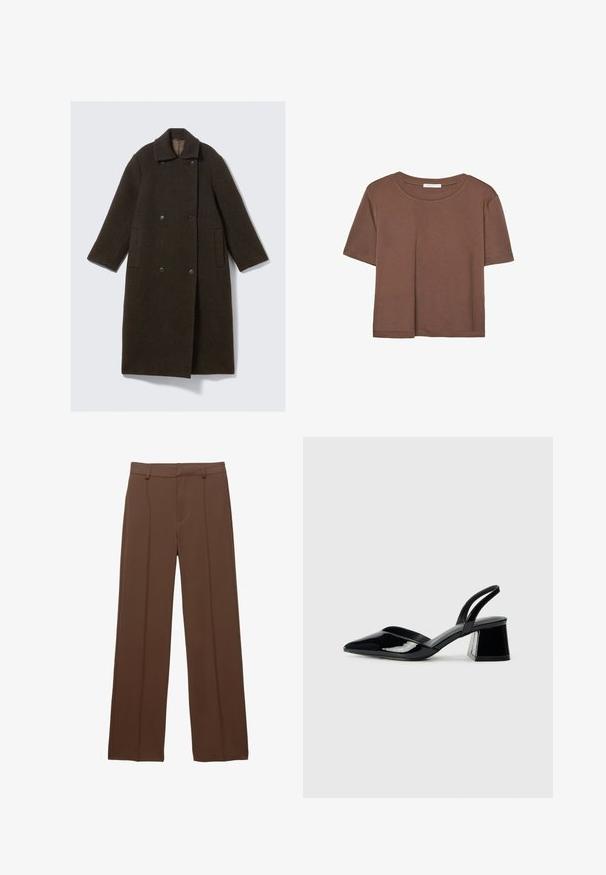 Ciemnozielony wełniany płaszcz z podwójnym zapięciem, szerokim kołnierzem, dwoma bocznymi kieszeniami i dużymi czarnymi guzikami. Długie, proste rękawy.; Brązowa koszulka z krótkim rękawem, wykonana z miękkiego materiału, z okrągłym dekoltem i luźnym krojem. Brak widocznych wzorów lub akcentów.; Brązowe, szerokie spodnie z gładkiego materiału; mają wyłożone pliski z przodu i płaski pas z szlufkami na pasek.; Czarne lakierowane półbuty na obcasie z wydłużonym noskiem i geometrycznym słupkiem. Charakteryzują się eleganckim, minimalistycznym designem oraz gładką fakturą.