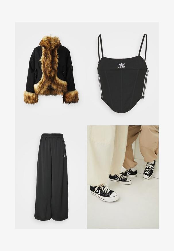 Casaco preto com acabamento em pele sintética castanha na gola e nos punhos, apresentando um design curto e um bolso com fecho no manga.; Top crop preto canelado com alças finas ajustáveis, apresentando três riscas brancas nas laterais e um pequeno logótipo branco da Adidas ao centro.; Calças de treino largas e soltas, feitas de tecido suave. Apresentam uma cintura elástica e riscas laterais com detalhes em logotipo.; Sapatilhas pretas de lona com solas de borracha brancas, apresentando detalhes em forma de estrela brancos e atacadores pretos, combinadas com calças de bege claro e creme.