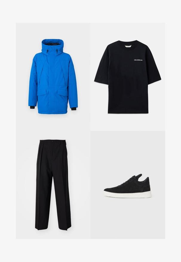 Zila ūdensizturīga parka ar augstu apkakli, divām priekšējām kabatām, ar rāvējslēdzēju un regulējamu kapuci. Tekstūrēta auduma ar kontrastējošām melnām aprocēm.; Melna kokvilnas T-kreklu ar īsām piedurknēm, arapa kaklu un mazu baltu "HOLZWEILER" logo priekšpusē, ar brīvu piegriezumu.; Melnas plisētās bikses ar taisnu, plata kāja dizainu. Izgatavotas no gludas auduma, ar pogu aizdari un jostas cilpiņām.; Melna zamša apavi ar baltu gumijas zoli, ar tonālu izšuvumu un auklu dizainu. Gluda tekstūra ar mūsdienīgu, plūstošu formu.