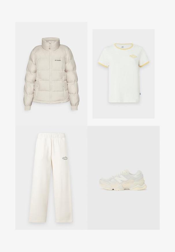 Columbia PIKE LAKE™ szary; Biała bawełniana koszulka z żółtym ściągaczem u dekoltu i na rękawach. Posiada haftowane logo w kolorze żółtym z przodu. Regularny krój.; Jasno-kremowe spodnie typu wide-leg wykonane z miękkiego materiału z elastycznym pasem. Posiadają subtelny, zielony haft na przodzie.; Lekki sneakers z siateczkową i zamszową cholewką w delikatnych kremowych odcieniach, z masywną podeszwą i trójwymiarowymi akcentami.
