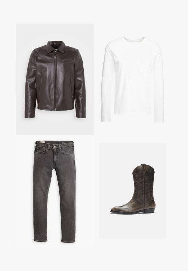 Braune Lederjacke mit umschlagbarem Kragen, Frontzipper und Seitentaschen. Glatte Textur mit dezentem Branding auf der Brust.; Langärmliges, weißes T-Shirt aus weicher Baumwolle. Rundhalsausschnitt mit geraden Saumabschlüssen und ohne sichtbare Muster oder Grafiken.; Graue Jeans aus Denim mit geradem Schnitt, fünf Taschen-Design und Knopfleiste. Besitzt dezente Ausbleichungen und tonal abgestimmte Nähte.; Braune Leder-Cowboystiefel mit hohem Schaft, spitzem Zehenbereich, aufwendigen Stickmustern und kleinem Absatz. Strukturierte Oberflächenbeschaffenheit.