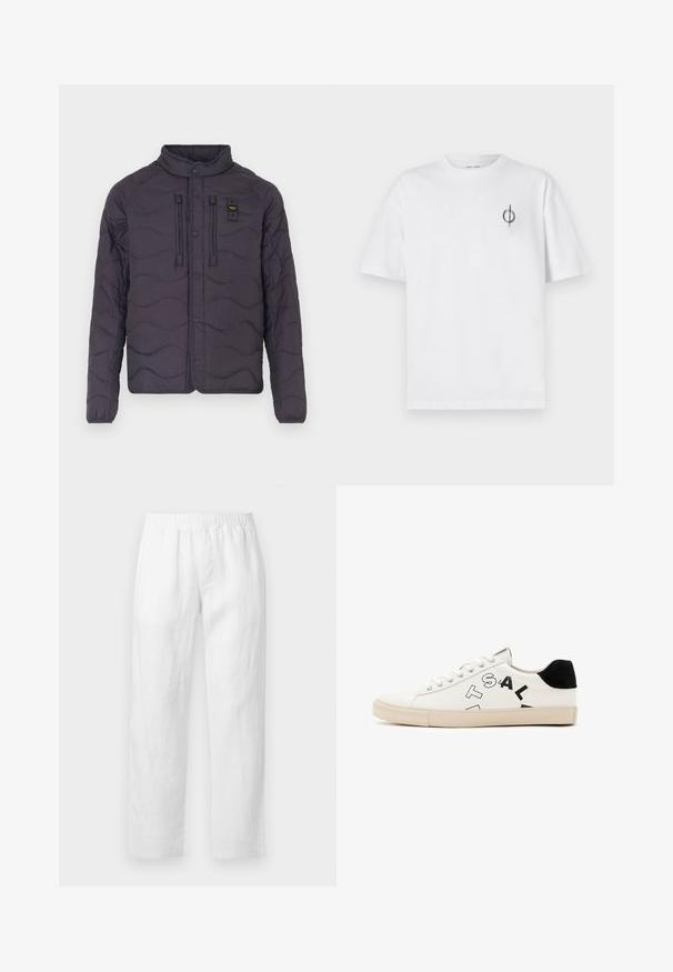 Dugog zeleni kaput sa valovitim uzorkom, zatvaranje na dugmad, i visoki ovratnik. Ima dva prednja džepa i akcentne šavove.; Bijela pamučna majica s opuštenim krojem, s malim crnim grafičkim logotipom na lijevoj prečki. Kratki rukavi, okrugli izrez.; Bijele lanene hlače s elastičnim pojasom, ravnim krojem i mekanom teksturom bez vidljivih uzoraka ili metalnih detalja.; Bijele kožne tenisice s crnim naglascima na peti, s odvažnim crnim natpisima sa strane i gumenim potplatom. Minimalistički dizajn.