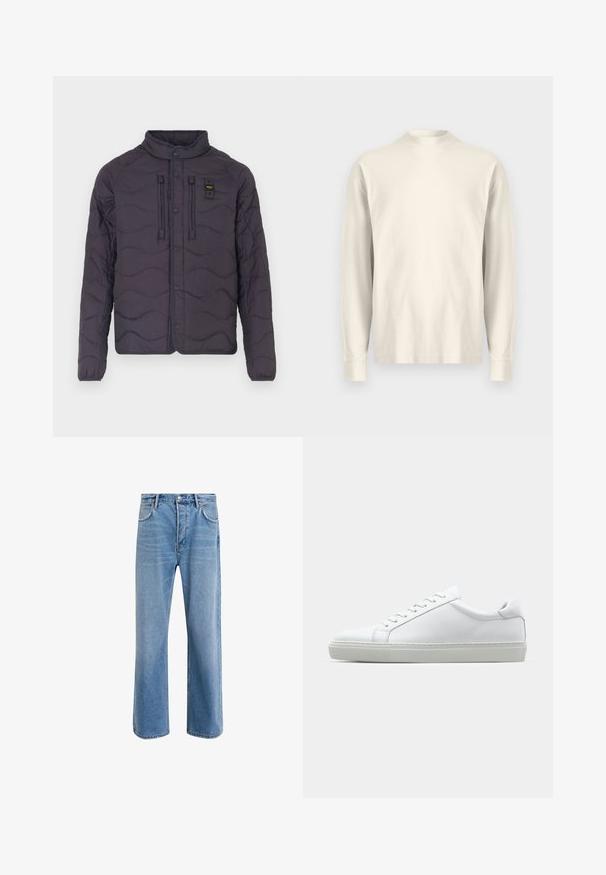 Dugog zeleni kaput sa valovitim uzorkom, zatvaranje na dugmad, i visoki ovratnik. Ima dva prednja džepa i akcentne šavove.; Duga rukava, majica s lažnim ovratnikom u svijetloj kremasto bijeloj boji od pamuka. Glatka tekstura, opušteni kroj, minimalistički dizajn, bez vidljivih uzoraka ili naglasaka.; Svijetloplave traperice s ravnim nogavicama, pet džepova, zatvaranjem na gumb, minimalnim izbljeđivanjem i kontrastnim šavovima.; Bijela tenisica s glatkim kožnim gornjim dijelom i niskim profilom. Ima zaobljen vrh, šest rupica za vezanje i teksturiranu gumenu podlogu.