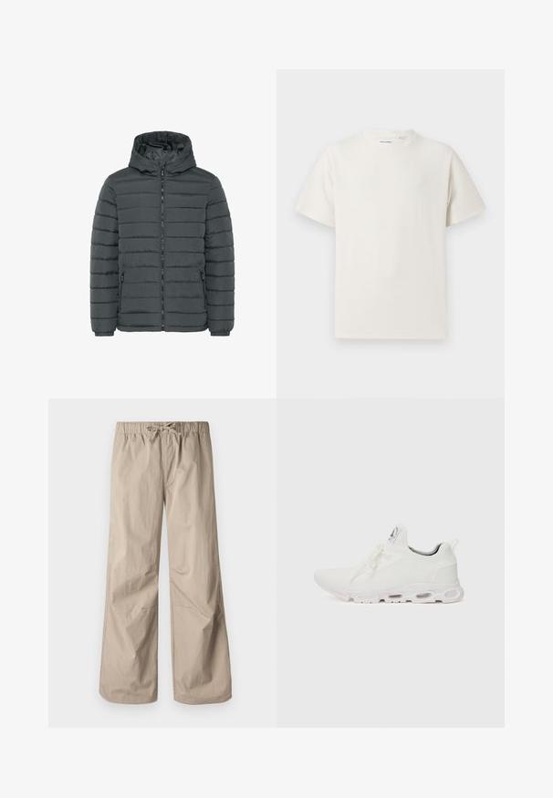 Tamno sivi zimski kaput s kapuljačom, prednjim zatvaračem i dva zipovana bočna džepa, elastičnim manžetama i horizontalnim šavovima.; Bijela kratka majica s kratkim rukavima u rebrastoj teksturi. Okrugli izrez, ležeran kroj, bez vidljivih uzoraka ili akcenta. Jednostavan i svestran dizajn.; Bež hlače širokih nogavica s elastičnim pojasom i vezicom. Glatka tekstura, dva bočna džepa i minimalni šavovi za opuštenu prilagodbu.; Bijele atletske tenisice s gornjim dijelom od teksturiranog pletenog materijala, ravnim vezicama i jastučićem u potplatu s vidljivim zračnim komorama radi dodatne potpore.