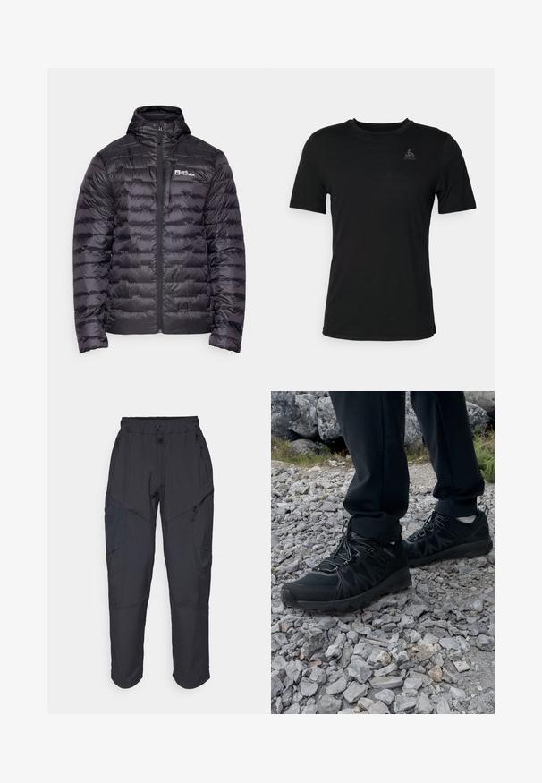 Black puffer jacket with a high collar, featuring a full front zipper and quilted design. Embroidered logo on the left chest. Smooth texture.; Black t-shirt made from lightweight fabric, featuring a round neckline, short sleeves, and a small brand logo on the upper left.; Black cargo pants made from a lightweight, water-resistant material; features elastic waistband, multiple zippered pockets, and tapered legs.; Black outdoor shoes with mesh and synthetic material, featuring a textured upper, secured lacing system, and a rugged outsole, on rocky terrain.