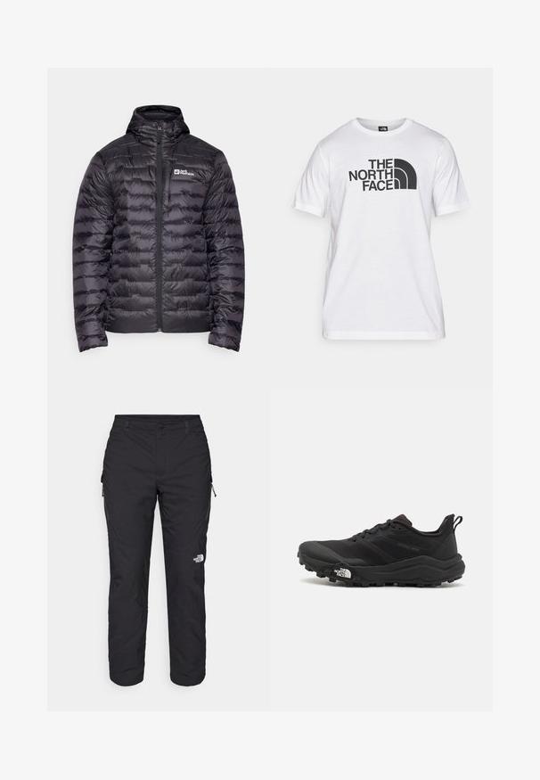 Sort puffjakke med høj krave, der har en fuld frontlynlås og quiltet design. Broderet logo på venstre bryst. Glat tekstur.; Hvid bomulds T-shirt med sort grafisk print, der inkluderer tekst og et buet logodesign. Rund halsudskæring og korte ærmer. Ensartet tekstur.; The North Face WINTER EXPLORATION TAPERED CARGO  - Outdoorbukser - black; Sort trail løbesko med en struktureret overdel, gummisål og forstærket tåhætte. Har en polstret krave og en pull-tab til nem påtagning.