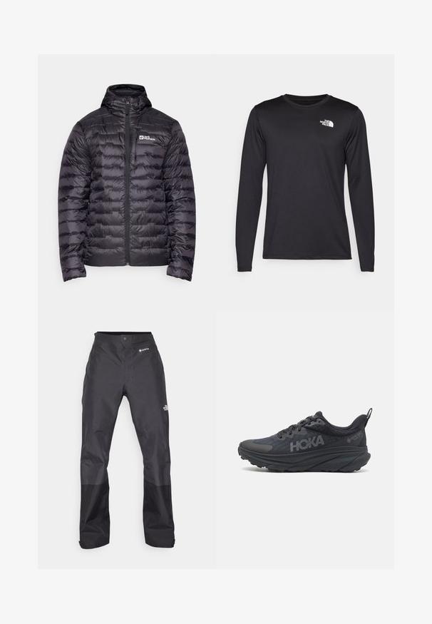 Čierna vatovaná bunda s vysokým golierom, so zipsom po celej dĺžke a prešívaným designom. Vyšité logo na ľavej hrudi. Hladká textura.; Čierne tričko s dlhým rukávom vyrobené z ľahkej tkaniny, s bielym logom na hornej ľavej strane hrude. Hladká textúra.; Čierne nepremokavé nohavice s hladkým povrchom, so značkou GORE-TEX na prednej strane a zosilnenými dolnými nohavicami pre väčšiu odolnosť.; Čierne bežecké topánky Hoka s vrchným materiálom z mesh, textúrovanými detailmi a hrubou, polstrovanou podrážkou so zúženými okrajmi pre lepšiu podporu.