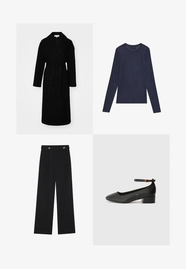 Melnā garā jaka, izgatavota no mīksta auduma, ar plašu apkakli, garām piedurknēm, jostu vidusdaļā un sānu kabatām.; Jūras zila garās piedurknes blūze, kas izgatavota no gluda, viegla auduma. Tai ir apaļa apkakle un šuvju detaļas gar piedurknēm un sāniem.; Melnas platās bikses ar augstu jostasvietu, pogu detaļām uz jostas un priekšējām krokām.; Melnas ādas sūkņi ar smailu purngalu un zemu bloku papēdi. Iezīmēts ar potītes siksniņu ar zelta krāsas sprādzi. Gluda tekstūra.