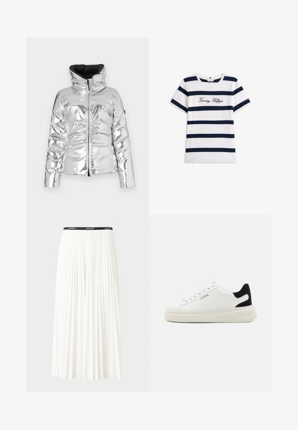 Sidabrinė pūkuota striukė su blizgiu, atspindinčiu paviršiumi, aukštu apykakle, užtrauktuku ir siūlėta tekstūra. Papuošta juoda vidine dalimi.; Baltos medvilninės marškinėliai su horizontaliomis tamsiai mėlynomis juostelėmis. Ant krūtinės išsiuvinėtas „Tommy Hilfiger“ rašmuo. Apvalus iškirpimas.; Pleated balta sijonas su juodu elastiniu juosmeniu, ant kurio yra "LACOSTE" logotipas. Vidutinio ilgio dizainas su švelnia tekstūra.; Baltos odinės sportbačiai su storu baltu padu, juodu nubuko kulno akcentu ir iškilmingu logotipu šone. Su raišteliais, turinčiais šešis akinius.