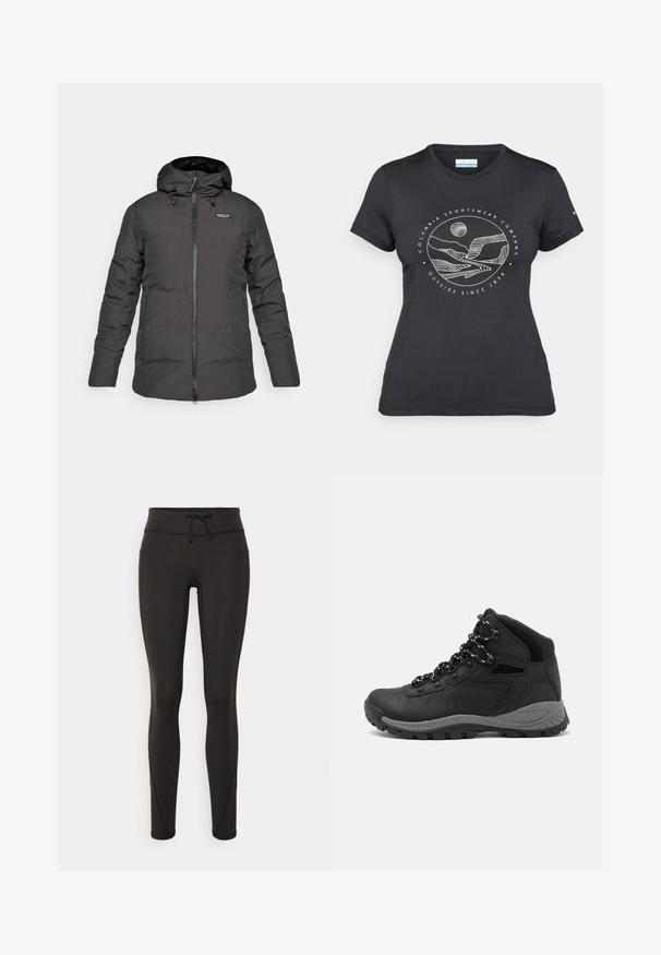 Casaco de inverno preto, isolado, com capuz, zíper frontal e logótipo da Patagonia na área esquerda do peito.; T-shirt preto da Columbia com arte em linha branca circular representando montanhas e rios, e o texto "Columbia Sportswear Company Outside Since 1938."; Leggings pretos com uma cintura alta, cordão, textura suave e design ajustado. Apresentam detalhes de costura ao longo das laterais.; Bota de caminhada preta com design de cano médio, apresentando um upper texturizado, detalhes cinzentos e sola de borracha durável com cravos de tração.