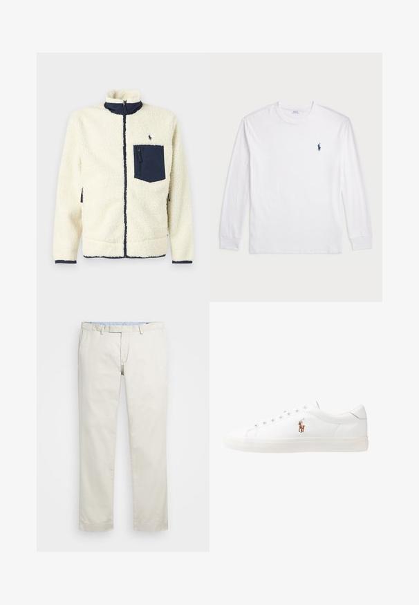 Kreminės spalvos flisinė striukė su tamsiai mėlyna užtraukiama krūtine kišenė, aukštu apykakle ir kontrastingais apvadais. Pasižymi tekstūruota, minkšta išore.; Balta ilgomis rankovėmis marškinėliai iš medvilnės. Gali būti apvalios formos kaklas, raukšlės ant rankovių, ir nedidelis tamsiai mėlynas polo logotipas kairėje krūtinės pusėje.; Šviesiai rudi medvilniniai chinos tipo kelnės su plokščiu priekiniu dizainu, diržo kilpomis ir šoninėmis kišenėmis. Tiesaus kirpimo dizainas su lygiu paviršiumi ir lengvu, kvėpuojančiu jausmu.; Baltos odinės sportbačiai, žemo profilio, su lygia tekstūra, apvalia nosimi, raištelių sistema priekyje ir mažyte siuvinėta logo šone.