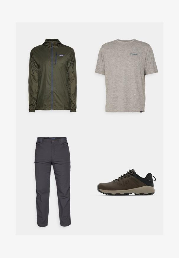 Patagonia HOUDINI - Vindjacka - pine needle green; Grå kortärmad t-shirt i mjukt, strukturerat tyg med en liten blå Patagonia-logotyp på vänster bröst. Inga ytterligare mönster.; Mörkgrå byxor i slitstarkt material, med en ficka med dragkedja, rak passform och bälteshällor för justerbar passform.; Bruna vattentåliga sneakers med en strukturerad ovandel, perforerade detaljer, svart hälstöd och en grå gummisula. Snörningen har metalliska ändar.