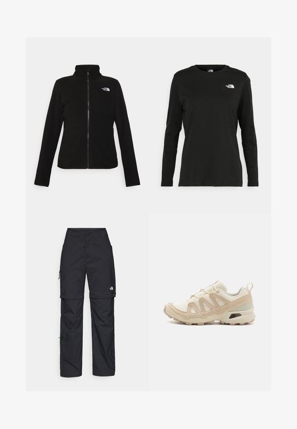 The North Face GLACIER czarny; Czarna koszulka z długim rękawem z bawełny z okrągłym dekoltem. Posiada niewielkie białe logo po lewej stronie na piersi. Prosty design i fason.; Czarne nylonowe spodnie cargo z odpinanymi nogawkami, regulowanymi mankietami, wieloma kieszeniami oraz logo na prawej nogawce. Gładka, lekka tekstura.; Beżowe i kremowe buty sportowe z teksturowanej siateczki, wspierającymi nakładkami oraz gumową podeszwą z wzorem bieżnika zapewniającym przyczepność.