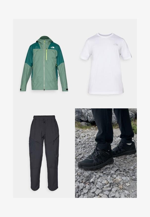 Veste imperméable verte avec fermeture éclair à l'avant, capuche, panneaux d'épaule contrastants en vert foncé et poche zippée réfléchissante jaune.; T-shirt en coton blanc à manches courtes et col rond. Présente un petit logo gris sur la poitrine gauche. Texture lisse, coupe standard.; Pantalons cargo noirs en matériau léger et résistant à l'eau ; dotés d'une taille élastique, de plusieurs poches zippées et de jambes fuselées.; Chaussures d'extérieur noires en matériau synthétique et en maille, présentant une tige texturée, un système de lacets sécurisé et une semelle extérieure robuste, sur un terrain rocailleux.