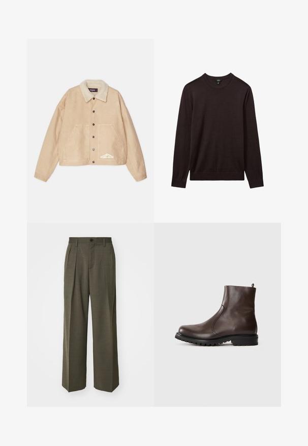 Beige cropped jacket with a shearling collar, front buttons, two large pockets, and white branding detail on the lower left side.; Reiss Jumper - dark bordeaux; Filippa K WIDE TROUSERS - Trousers - driftwood; Brown leather ankle boot with a smooth texture, elastic side panels, pull tab at the back, and a rugged rubber sole.