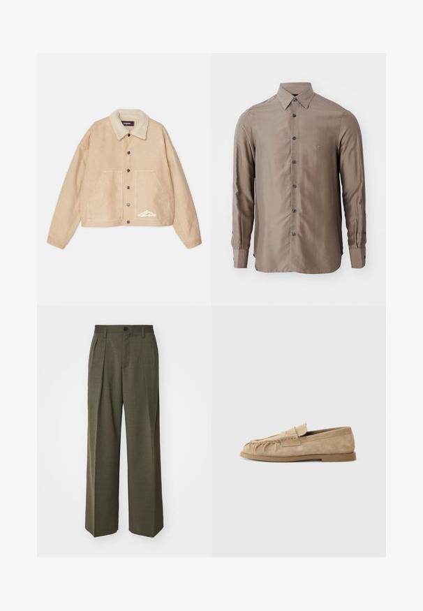 Beige kurze Jacke mit einem Lammfellkragen, Frontknöpfen, zwei großen Taschen und einem weißen Logo-Detail auf der linken unteren Seite.; Langarmhemd in taupe Farbe, aus glattem Stoff gefertigt, mit einer Knopfleiste vorne und dunklen Knöpfen, sowie einem kleinen Logo auf der Brust.; Filippa K WIDE TROUSERS - Stoffhose - driftwood; Beige Wildleder Slipper mit einer gerafften Gestaltung, ausgestattet mit einer flachen Sohle und einem dekorativen Riemen über dem Rist. Glatte Textur.