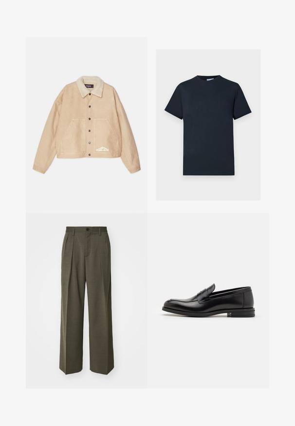 Beige cropped jack met een schapenvacht kraag, knopen aan de voorkant, twee grote zakken en een wit merkembleem aan de onderkant links.; Navyblauwe katoenen T-shirt, korte mouwen, ronde hals, met een textuurlogo-ontwerp over de borst in een lichtere tint.; Filippa K WIDE TROUSERS - Broek - driftwood; Zwarte leren instappers met een gladde textuur, ronde neus en een decoratieve band over de wreef. Lage, gestapelde hak en minimalistisch ontwerp.