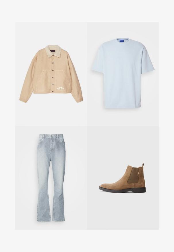 Beige cropped jacket with a shearling collar, front buttons, two large pockets, and white branding detail on the lower left side.; Light blue ribbed t-shirt with a crew neck and short sleeves. Features a regular fit and subtle logo accent on the hem.; Light blue striped jeans with a wide-legged cut, featuring a button closure, front pockets, and subtle fading at the hem.; Brown suede Chelsea boot with elastic side panels and a pull tab. Features a rounded toe and a flat rubber sole for stability.