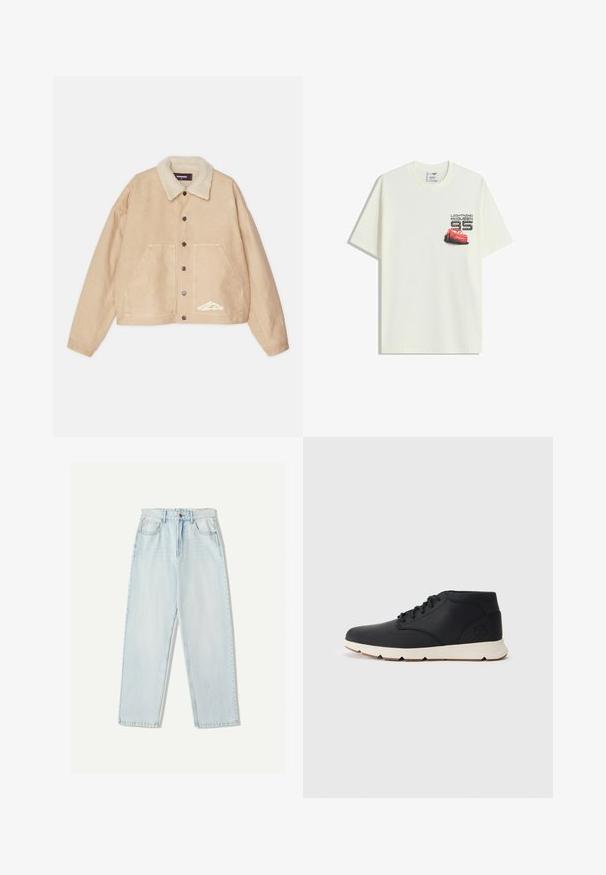 Beige lyhyt takki, jossa on turkisvarustus, edessä napit, kaksi suurta taskua ja valkoinen brändityyli vasemmalla alareunassa.; Valkoinen lyhythihainen T-paita, jossa on pieni punainen Lightning McQueen -auton grafiikka ja "Lightning McQueen 95" -teksti vasemmalla rinnassa.; Vaaleansiniset farkut, joissa on rento istuvuus, suora lahje, viisi taskua ja hillitty haalistuminen kankaassa.; Musta nahkainen chukka-bootit, joissa on valkoinen kumipohja, pyöreät nauhat ja sivussa painettu logo kantapäässä. Tasainen pinta koko kengän ympäri.