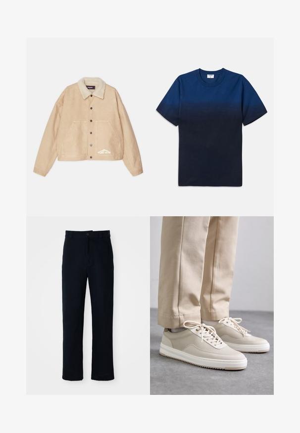 Beige cropped jack met een schapenvacht kraag, knopen aan de voorkant, twee grote zakken en een wit merkembleem aan de onderkant links.; Navyblauwe katoenen T-shirt met een ronde hals, korte mouwen en een subtiel gradientontwerp dat overgaat van lichtere naar donkere tinten.; Marineblauwe broeken van katoen, met een recht model, een sluiting met een knoop aan de voorkant en een klassieke tailleband met riemlussen.; Beige sneakers met een textuur bovenkant, witte zolen en gestikte accenten, gecombineerd met beige broeken, tentoongesteld op een grijze ondergrond.